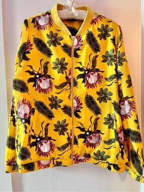 Kiabi Yellow Tropical Flora Bomber Jacket, Light Zip-Up w/ Silver Glitter Collar